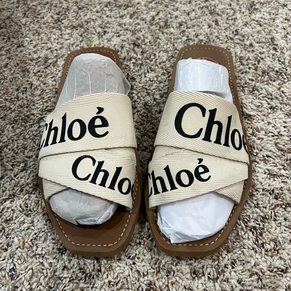 Chloe Woody Tan and Black Sandals Minimalist Slip-On Design